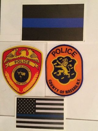 Nys Nassau & Suffolk County Police Inw/shield Auth Decals,  2 Bl Line Stickers O