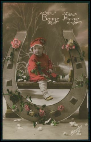 Pretty Baby Child Girl Lucky Horseshoe Vintage 1910s Photo Postcard 702