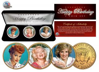 Birthday Marilyn Monroe Lucille Ball Princess Diana Jfk Half Dollars 3 - Coin Set