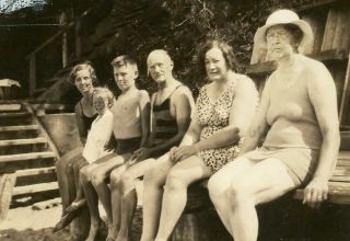 Kj50 Vtg Photo Setauket Long Island,  Family Swim Suit,  Boy Puffing Up C 1937
