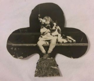 Vintage Old 1929 Photo Of Pretty Little Girl & Boston Terrier Dog Puppy