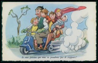 Motorcycle Vespa Scooter Travel With Big Family Old 1950s Postcard