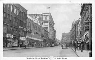 Portland Maine Congress Street @ Brown Wt Grant Pmbb Co Scotts 1940 B&w Postcard