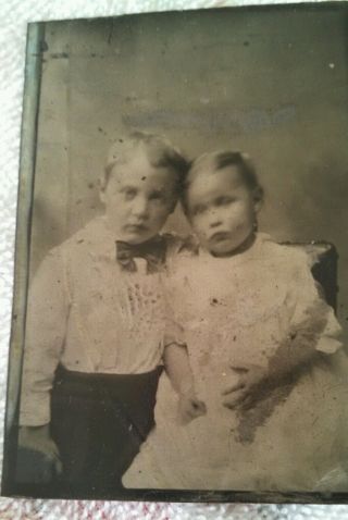 Antique Tintype Photo Of Girl And Boy,  Siblings Children