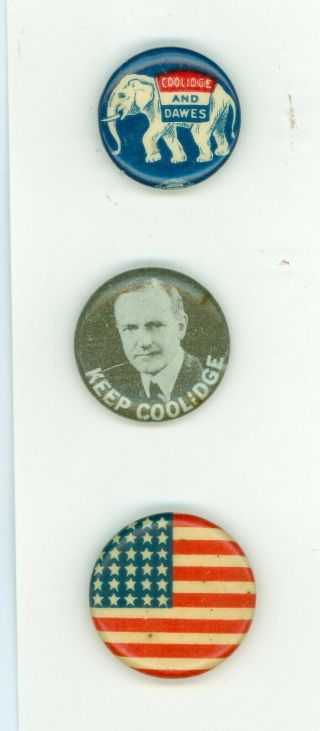 3 Vintage 1924 President Calvin Coolidge Campaign Pinback Buttons Keep Coolidge