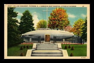 Us Linen Postcard John P Holland Submarine Inventor Monument Paterson Jersey