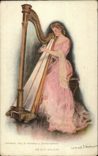 Clarence Underwood - Woman Playing Harp An Old Melody Postcard