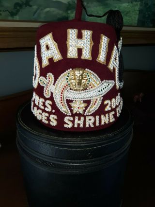 Vintage Masonic Shriners Fez Hat,  Jeweled W Tassel In Hard Case Past President
