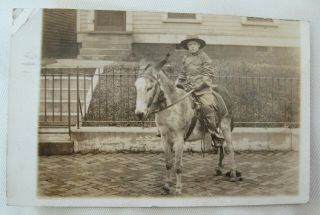 Antique 1912 Rppc Russell Wearing His Boy Scout Uniform Sitting On His Donkey