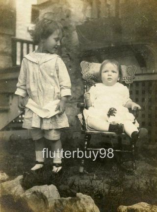 Mm281 Vtg Photo Big Sister Little Sister Rocking Chair C Early 1900 
