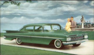 1959 Chevrolet Bel Air 4 Door Sedan In Highland Green Adv Postcard