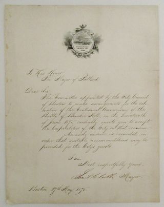 1875 Letter Signed By Boston Mayor Samuel C.  Cobb - Battle Of Bunker Hill Anniv.