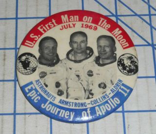Vintage 1969 Apollo 11 Moon Landing Commemorative Pin Button VG 3