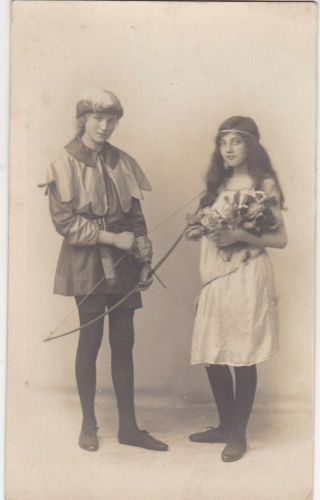 Old Photo Young Man Woman Boy Girl Fancy Dress Bow Arrow Robin Hood Marion Sb1