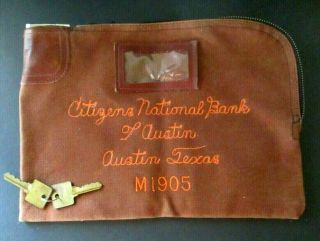 Vintage Canvas Bank Deposit Bag & Keys Austin Texas Citizens National Bank
