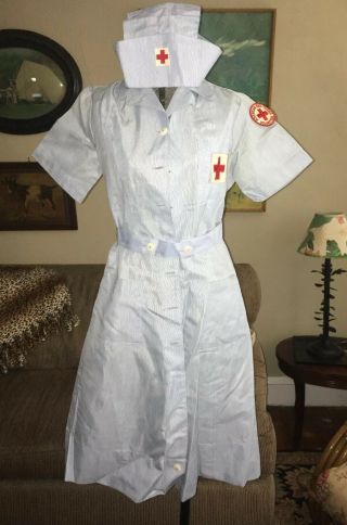 Vintage Hoover 40s 50s American Red Cross Uniform Volunteer Nurse Dress & Hat