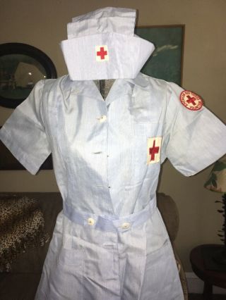Vintage Hoover 40s 50s AMERICAN RED CROSS Uniform Volunteer Nurse Dress & Hat 2