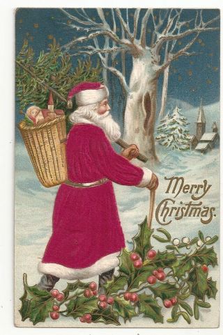 Silk Santa,  Walks With Tree,  Wicker Basket Of Toys,  Christmas Postcard