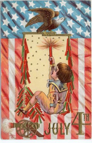 62011.  Fourth Of July Embossed Postcard C 1910 Little Boy W Sparkler Under Eagle