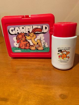 Vintage 1978 Garfield Cartoon Red Plastic Lunch Box 1970s With Thermos
