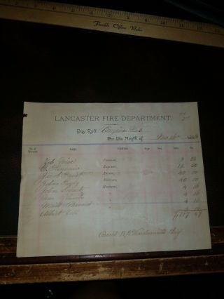 Vintage Rare 1886 Lancaster,  Pa Fire Department Engine No.  3 Pay Roll Letter