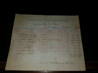 Vintage Rare 1886 Lancaster,  Pa Fire Department Engine No.  2 Pay Roll Letter