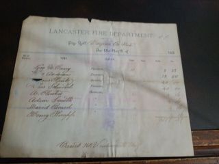 Vintage Rare 1886 Lancaster,  Pa Fire Department Engine No.  1 Pay Roll Letter