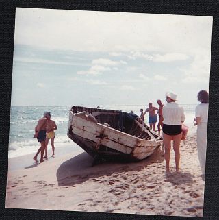 Vintage Photograph People On Beach Next To Old Boat