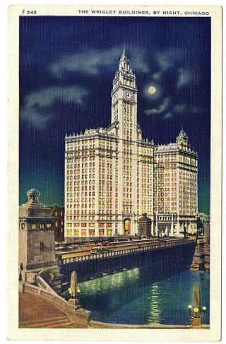 Chicago Illinois Postcard Evening Street View The Wrigley Building River 75635