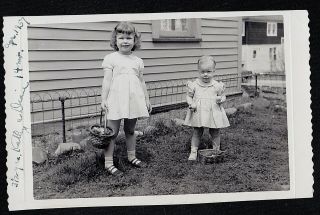 Vintage Antique Photograph Two Adorable Little Girls In Yard W/ Easter Baskets