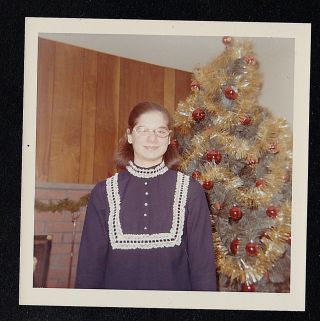 Vintage Photograph Young Girl Standing In Front Of Christmas Tree