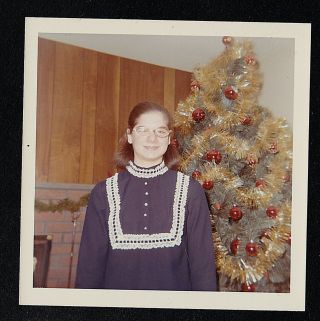 Vintage Photograph Young Girl Standing in Front of Christmas Tree 2