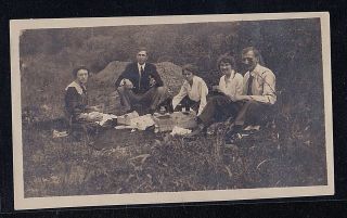 Vintage Antique Photograph People Sitting On Ground In Woods Having Picnic