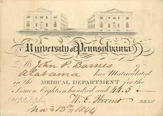 Ca.  1844 University Of Pennsylvania Medical School Dept.  Matriculation Card