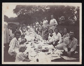 Antique Vintage Photograph Huge Group Of People Having Picnic In Yard