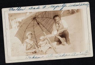 Antique Vintage Photograph Mom & Dad W/ Baby Under Umbrella At Beach