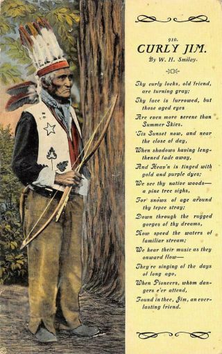 Curly Jim Native American Indian W.  H.  Smiloy Poem C1910s Vintage Postcard