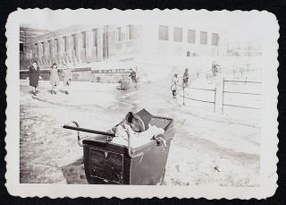 Vintage Antique Photograph Adorable Baby Sitting In Carriage In Snow