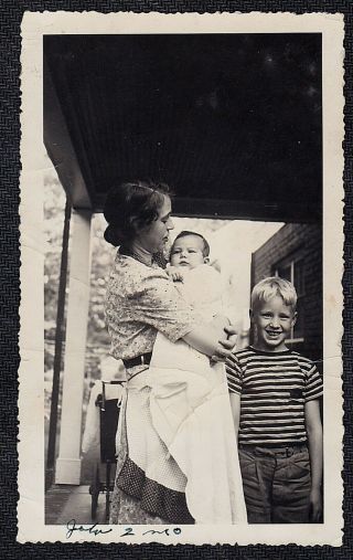 Antique Vintage Photograph Little Boy Standing With Mom Holding Baby