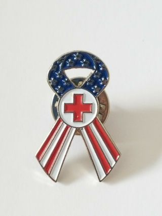 American Red Cross Pin Silver Tone Enamel Us Flag Ribbon Blue Red White