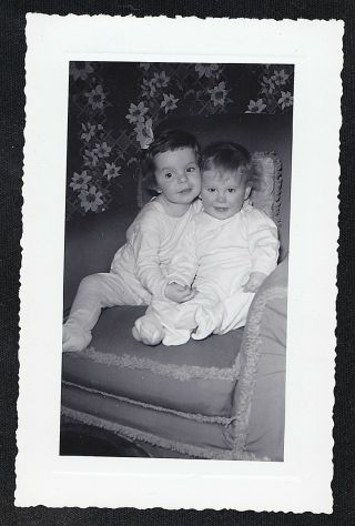 Antique Vintage Photograph Two Adorable Babies Sitting In Chair In Retro Room