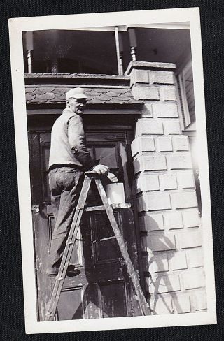 Antique Vintage Photograph Man Standing On Ladder Painting House