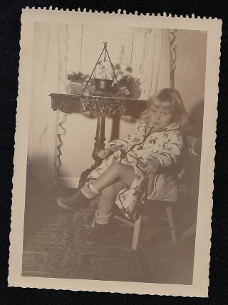 Vintage Antique Photograph Adorable Little Girl Sitting In Chair In Retro Room