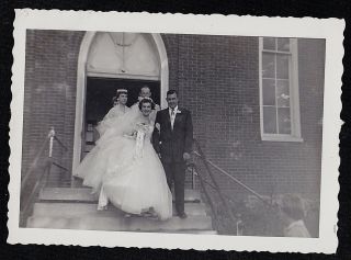 Antique Vintage Photograph Wedding Bride & Groom Standing On Church Steps