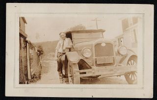 Antique Vintage Photograph Man Standing By Antique Car / Automobile