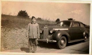 Old Vintage Antique Photograph Boy Standing In Front Of Antique Car Automobile