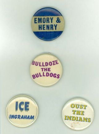 4 Vintage 1950s - 60s Emory & Henry High Football Pinback Buttons Bulldogs Indians