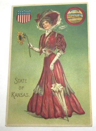 Vintage Postcard State Of " Kansas " Lady With Umbrells & Sunflower,  State Symbol