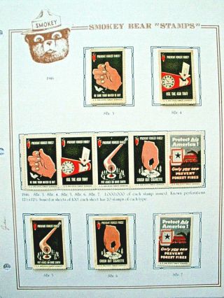 1946 Smokey Bear Stamp Album Sheet - - 10 Stamps Sbr.  3 - 7 Hard To Find