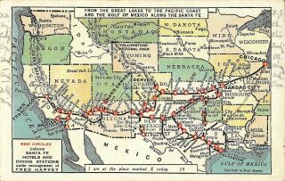Atchison,  Topeka And Santa Fe Railway Harvey Hotels Map - Courtesy Postcard